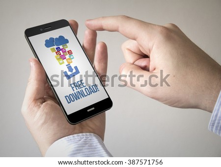 Close up of man using 3d generated mobile smart phone with free download on the screen. Screen graphics are made up.