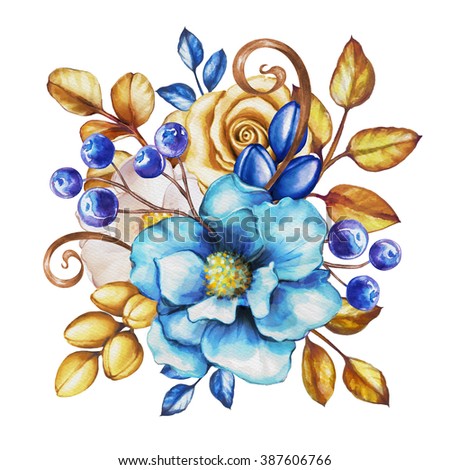 watercolor blue flowers and gold leaves, festive bunch of flowers, floral decoration, isolated on white background