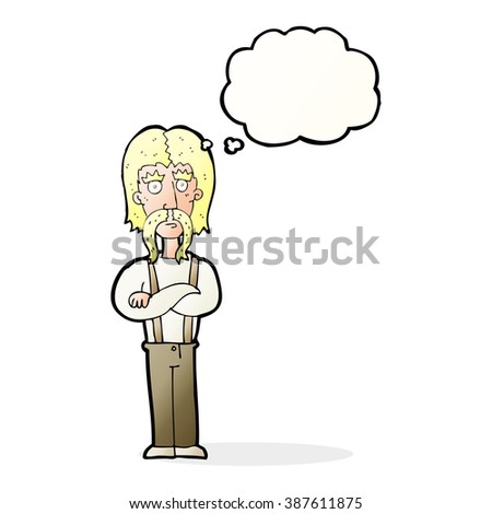 cartoon long mustache man with folded arms with thought bubble