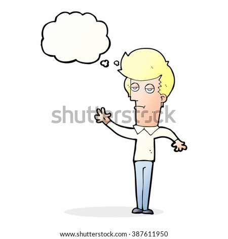 cartoon bored man waving with thought bubble