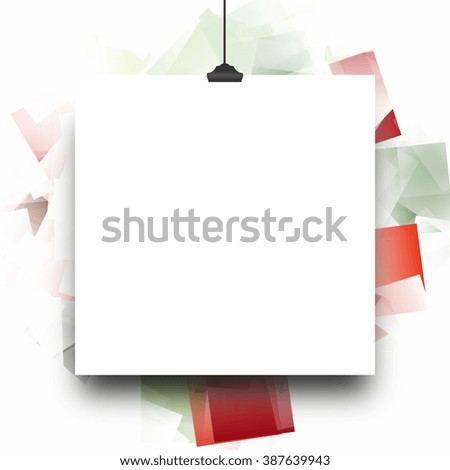 Close-up of one hanged square paper sheet frame with clip on multicoloured abstract art background