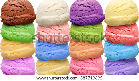 Vanilla, strawberry, chocolate different colorful ice cream scoops isolated on white background