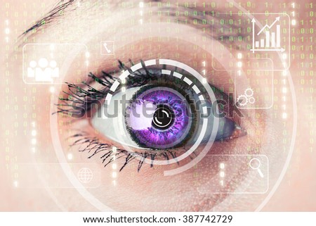 Modern cyber woman with matrix eye concept. Macro shot