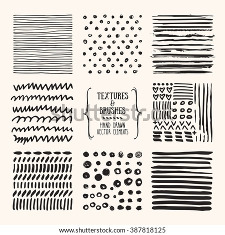 Hand drawn textures and brushes. Artistic collection of design elements: grungy lines, brush strokes, wavy lines, tribal backgrounds, natural pattern made with ink. Isolated vector.