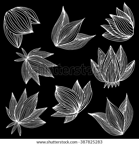 Vector monochrome set of stylized flowers on black background. Decoration and design element for rooms, wallpapers, covers. Stationery, floristry, textile.