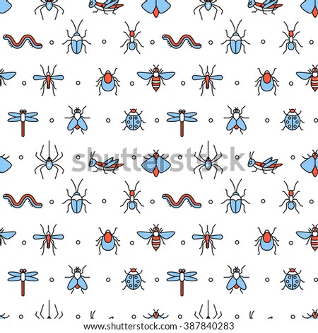 Insects icons square seamless pattern. For store sales decoration. Thin line art flat objects texture illustration.