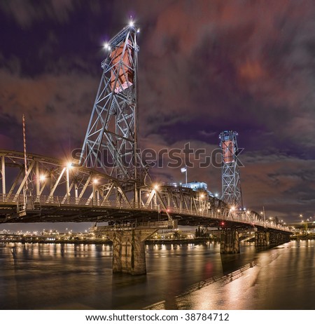 Portland, Oregon Panorama.  Night scene with light reflections on the Willamette River