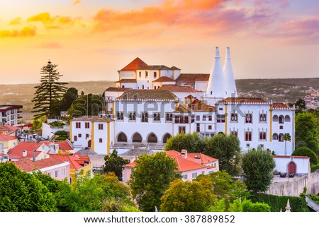 Sintra, Portugal old city at Sintra National Palace. Royalty-Free Stock Photo #387889852
