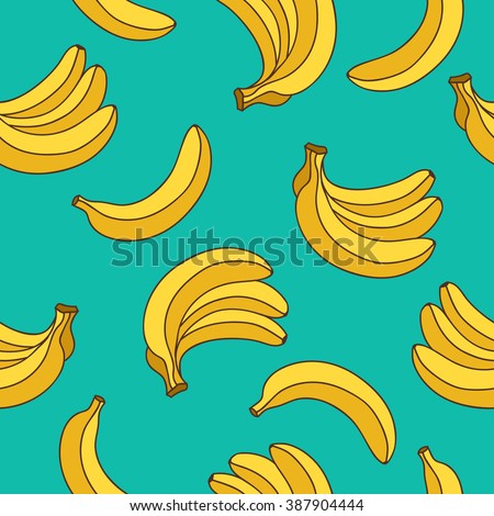 Seamless vector pattern of yellow bananas on a blue background. Yellow fruit. Royalty-Free Stock Photo #387904444