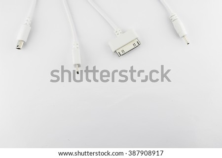 White wire usb mobile charging cable in white background.