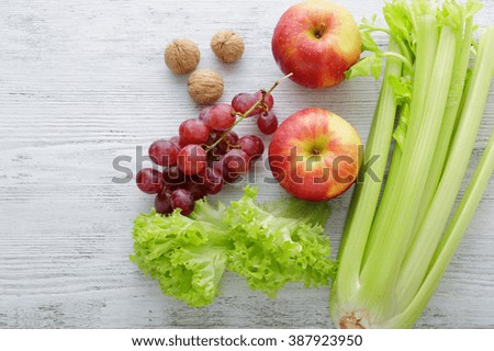 salad ingredients on boards, food
