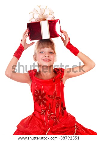 Girl child  in red dress with gift box. Isolated.