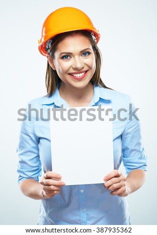 Business woman builder engineer, white blank board. White background isolated.