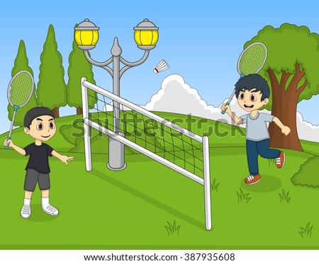 Children playing badminton cartoon vector illustration