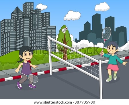 Children playing badminton on the street cartoon vector illustration