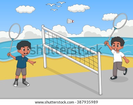 Children playing badminton on the beach cartoon vector illustration