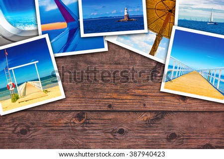 Seaside photo collage on wooden desk as copy space