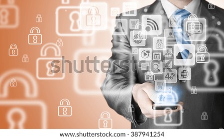 Business man using smart phone with social media icon set