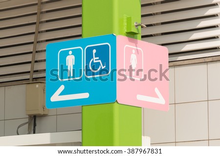 Sign of public toilets, men lady and  wheelchair pink