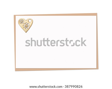 Holiday card with wooden heart, with a burned pattern, isolated on white
