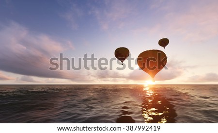 Balloon flying into sunset over the sea.