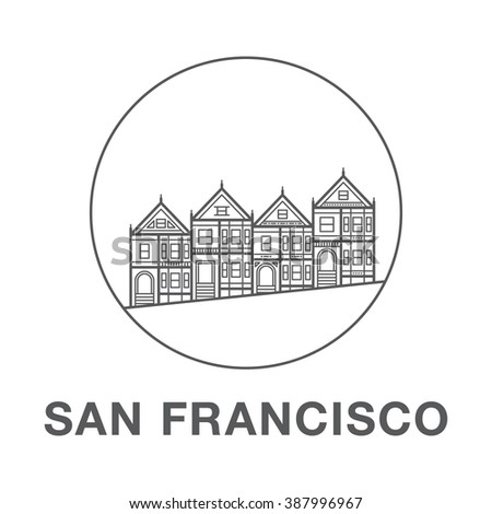 San Francisco street illustration with victorian houses made in line art style. World famous San Francisco houses.
