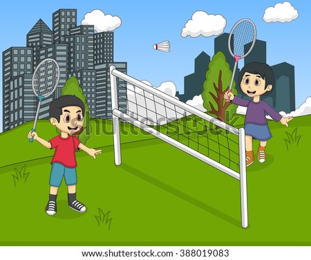 Boy and girls play badminton at yard cartoon vector illustration