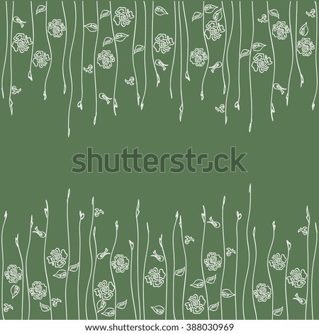 Floral background. Silhouette of white roses with twigs and leaves on a green, gray background. Vertical mirror image pattern with abstract flowers and stems. Flowers in the grass. Hanging flowers.