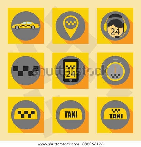 Flat set of taxi icons : emblem taxi , car manager , stopwatch , mobile devices .
