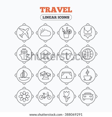 Linear icons with direction arrows. Travel icons. Ship, plane and car transport. Beach umbrella, palms and cocktail. Swimming trunks. Rose or tulip flower. Circle buttons.