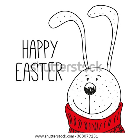 Greeting Easter Card with Cute Cartoon drawing Bunny in sweater
