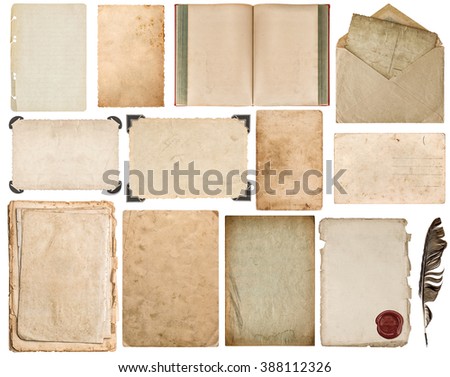 Paper sheet, book, envelope, cardboard, photo frame with corner isolated on white background