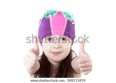 child girl in pool swimming cap isolated on white background