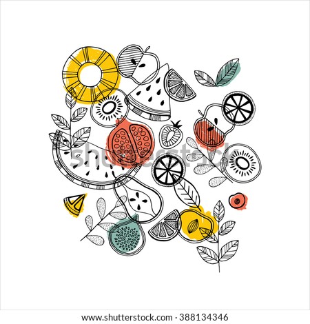 Fruit composition. Scandinavian style illustration. Vector illustration Royalty-Free Stock Photo #388134346