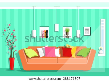 Modern colorful graphic living room with window. Flat style sofa, pillows, lamps, shelves, vase with sakura flowers. Vector illustration