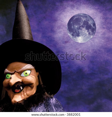 scary halloween witch on grunge purple background and full moon