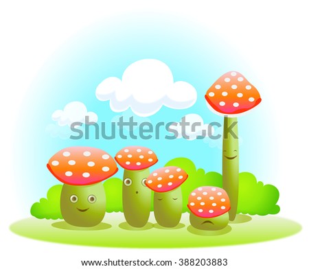 illustration of Happy Mushroom family standing on the green ground, blue background and white soft clouds, Good for making the cartoon book for kid 