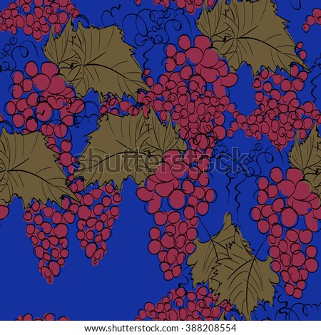 Vector illustration of seamless pattern with grape. Limited color linear graphic: green, pink, black,blue. Hand drawing. Good for textile printing.Perfect for wrapping paper, etc.