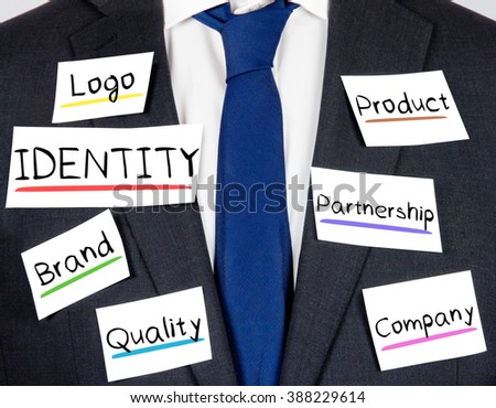 Photo of business suit and tie with IDENTITY conceptual words written on paper cards