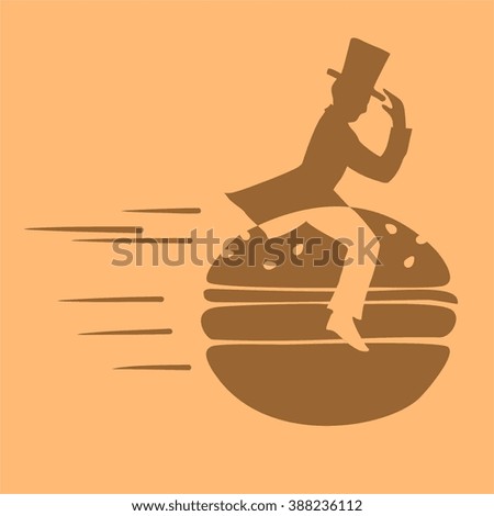 illustration of a man on a hamburger , food, taste, tuxedos , flight, speed