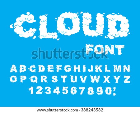 Cloud font. ABC of white clouds in blue sky. eddy letters and numbers. Alphabet of chubby letter 