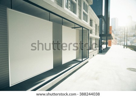 Blank posters in the window on the first floor of building, mock up, 3D Render