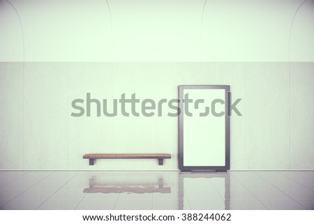 Blank poster on the wall and wooden bench in empty hall, mock up, 3D Render