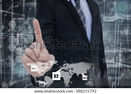 Mid section of businessman pointing something up against hologram background