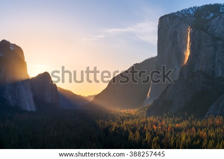 Fire fall and the Yosemite valley Royalty-Free Stock Photo #388257445