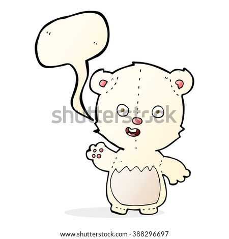 cartoon waving polar bear cub with speech bubble