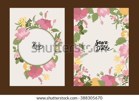 Collection greeting card Floral vector background. Flowers Ylang-ylang, hibiscus, rosehips, orange and leaves on greeting cards