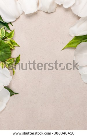 Frame from petals of a white tulips and various green leaves against a sheet of paper