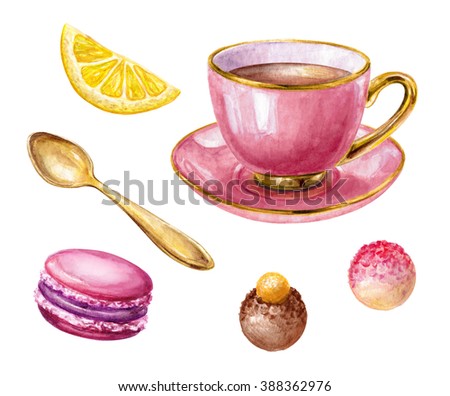 watercolor pink cup of tea, lemon, macaroon biscuit, truffle, gold spoon, meringue, illustration isolated on white background