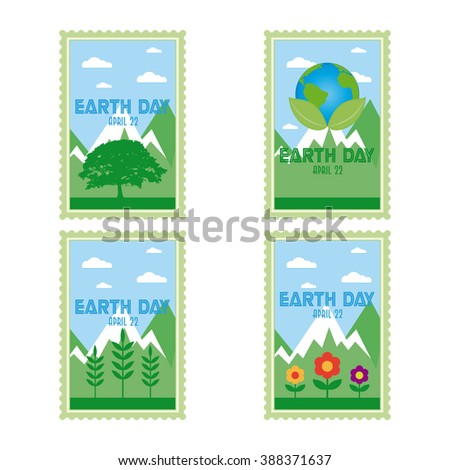 Set of green stickers with text and elements for earth day